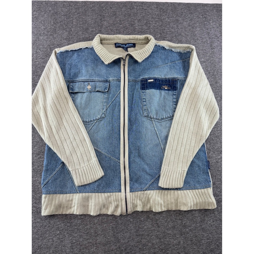 Koman Jeans Mens XL Blue Denim Ribbed Knit Zip Up Jacket Vintage Style